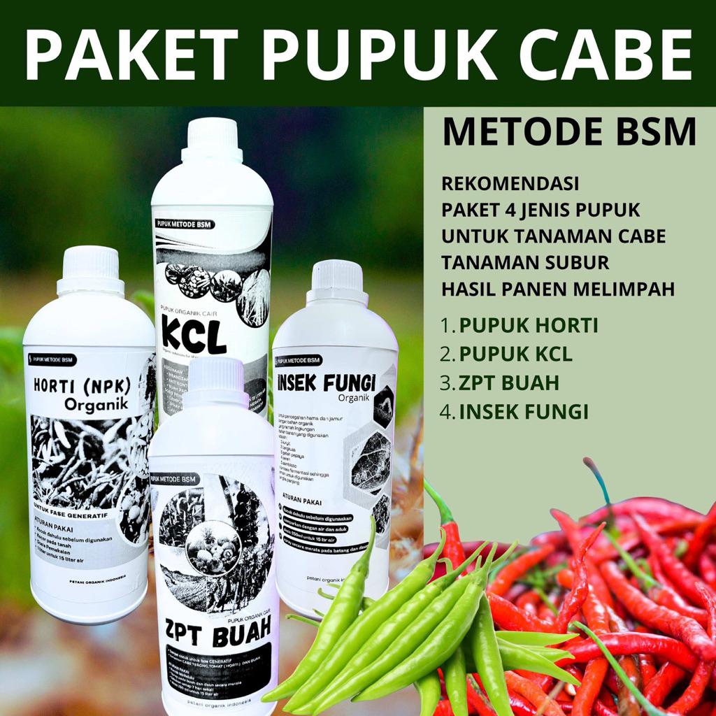 PUPUK CABE metode BSM paket pupuk cabe 4 jenis pupuk horti,kcl, zpt buah, insek fungi