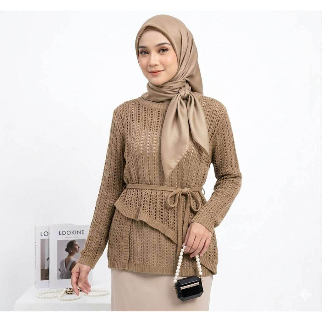 Atasan Baju Rajut Wanita Lengan Panjang Jaring Bolong Bolong Korean Style