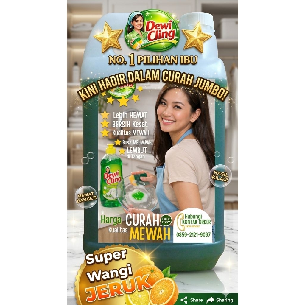 Sabun cuci Piring kualitas Terbaik Dewi Cling 5liter lebih kental lebih wangi jeruk lebih hemat