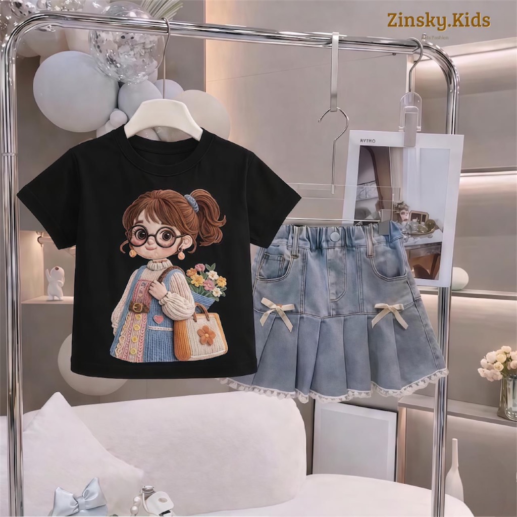 Setelan Anak Perempuan Motif 3D Usia 1-5 Tahun Baju Kaos Rok Jeans Modis Anak Cewek Terbaru