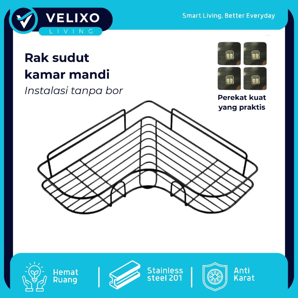 Rak Sudut Kamar Mandi Stainless Steel - Rak Sabun Shampoo Tempel Tanpa Bor Anti Karat