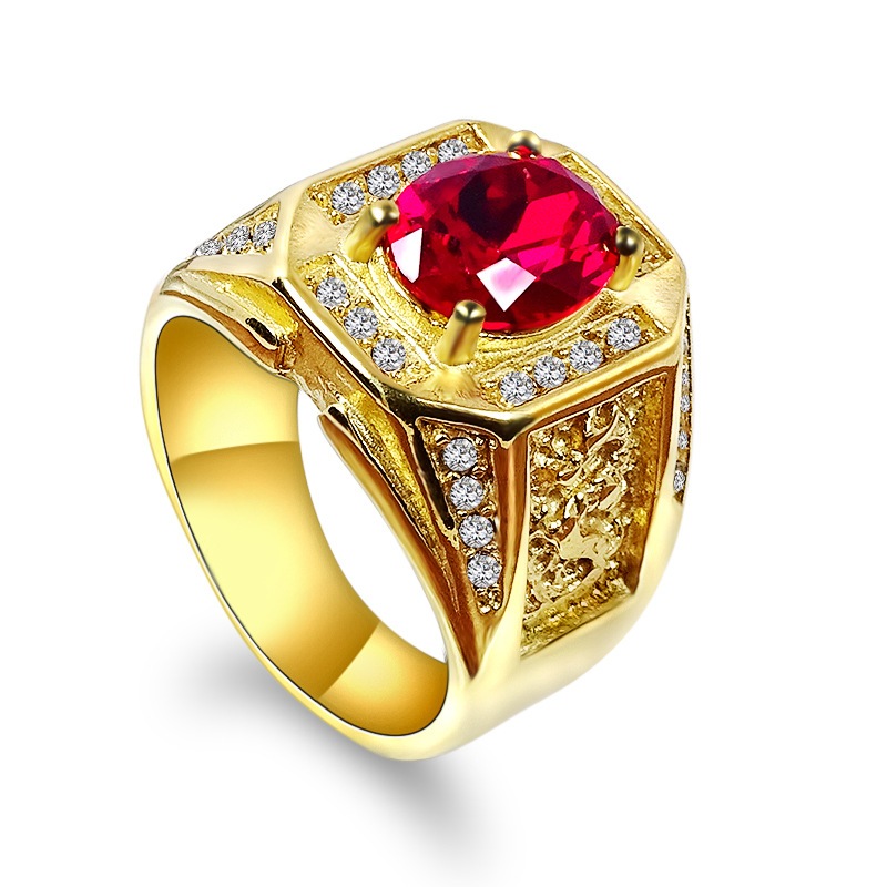 Cincin Pria Klasik Mewah Bahan Baja Titanium Warna Emas Permata Merah Berbagai Ukuran Untuk Pesta Fo