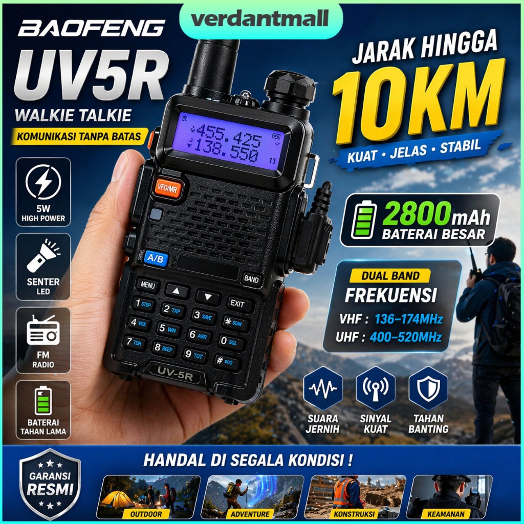 HT Baofeng UV5R Walkie Talkie 5W Dual Band UHF VHF 128CH 2800mAh Jarak 10KM Handy Talky