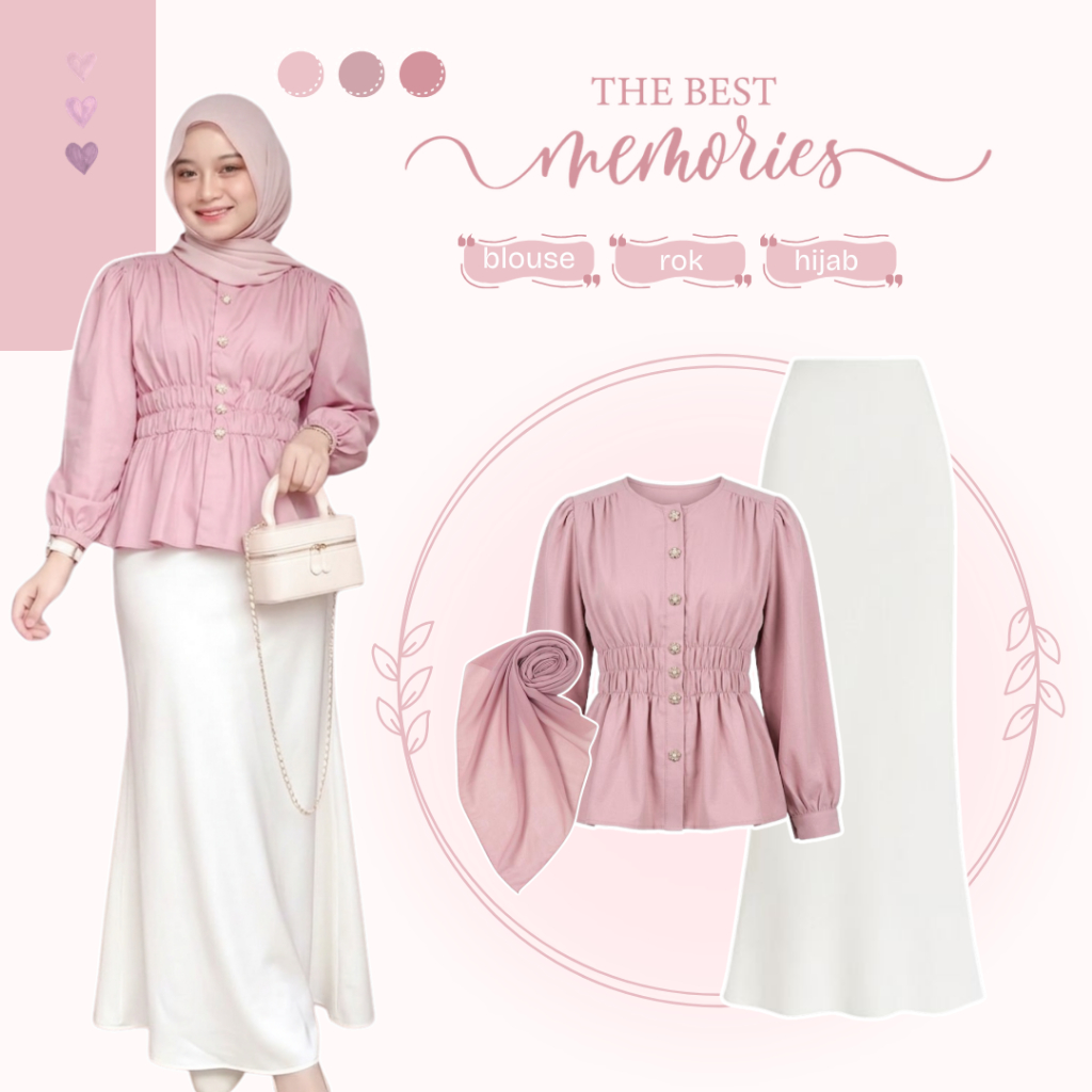 One Set Wanita Terkini | Blouse Pink + Rok Duyung + Hijab Bella | Satu Set Outfit Cewek - EO56N