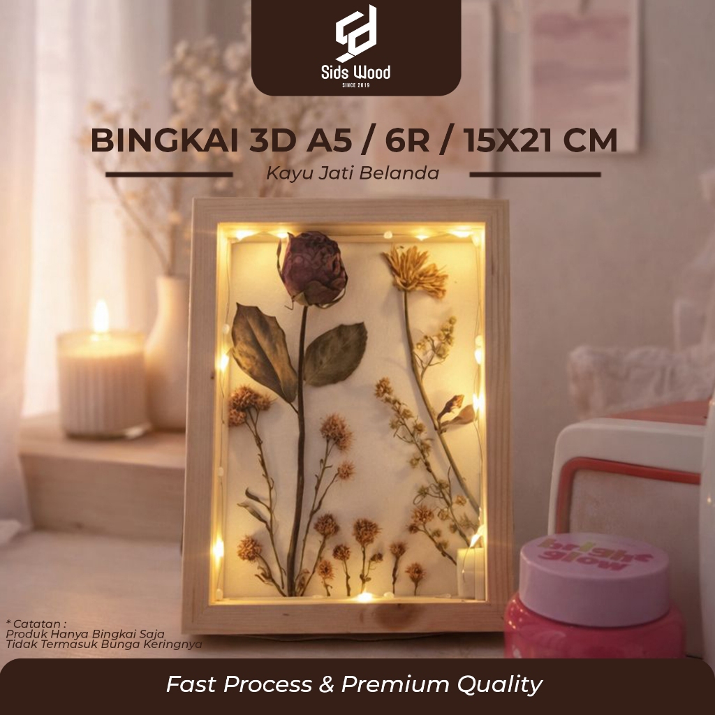 SidsWood [3DA5] Bingkai 3D Kayu Akrilik A5 15x21 cm Bingkai Kayu Untuk Mahar Bingkai 3D Jati Belanda