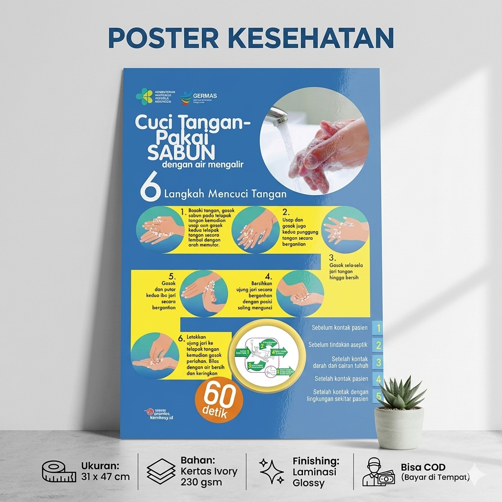Poster 6 Langkah Cuci Tangan - 5 Momen Cuci Tangan Nakes/Rumah Tangga