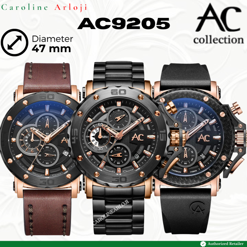 ORIGINAL Jam Tangan Pria Alexandre Christie AC9205 / AC 9205 Carbon Rantai Kulit Rubber