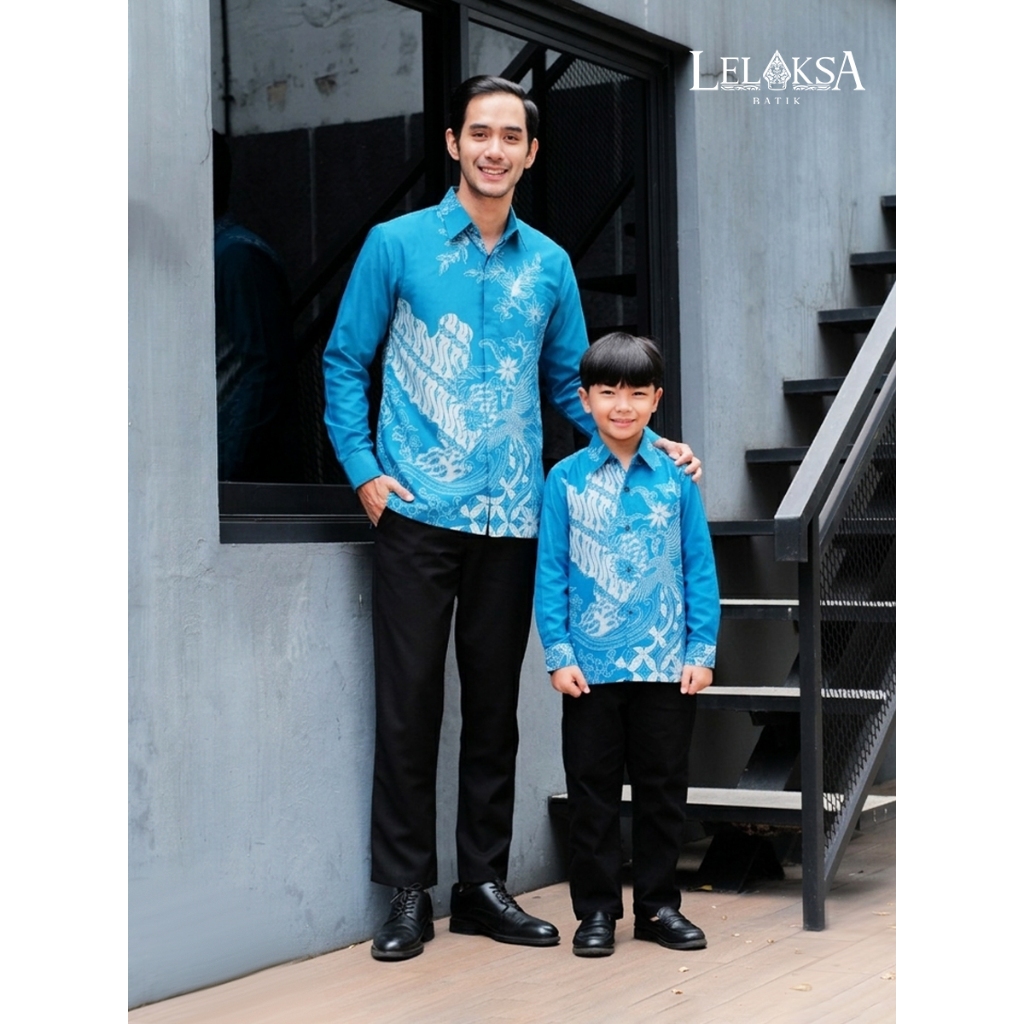 LELAKSA BATIK -  Kemeja Batik 702 Biru Tosca  Slimfit Lapis Furing Lengan Panjang Dewasa Anak