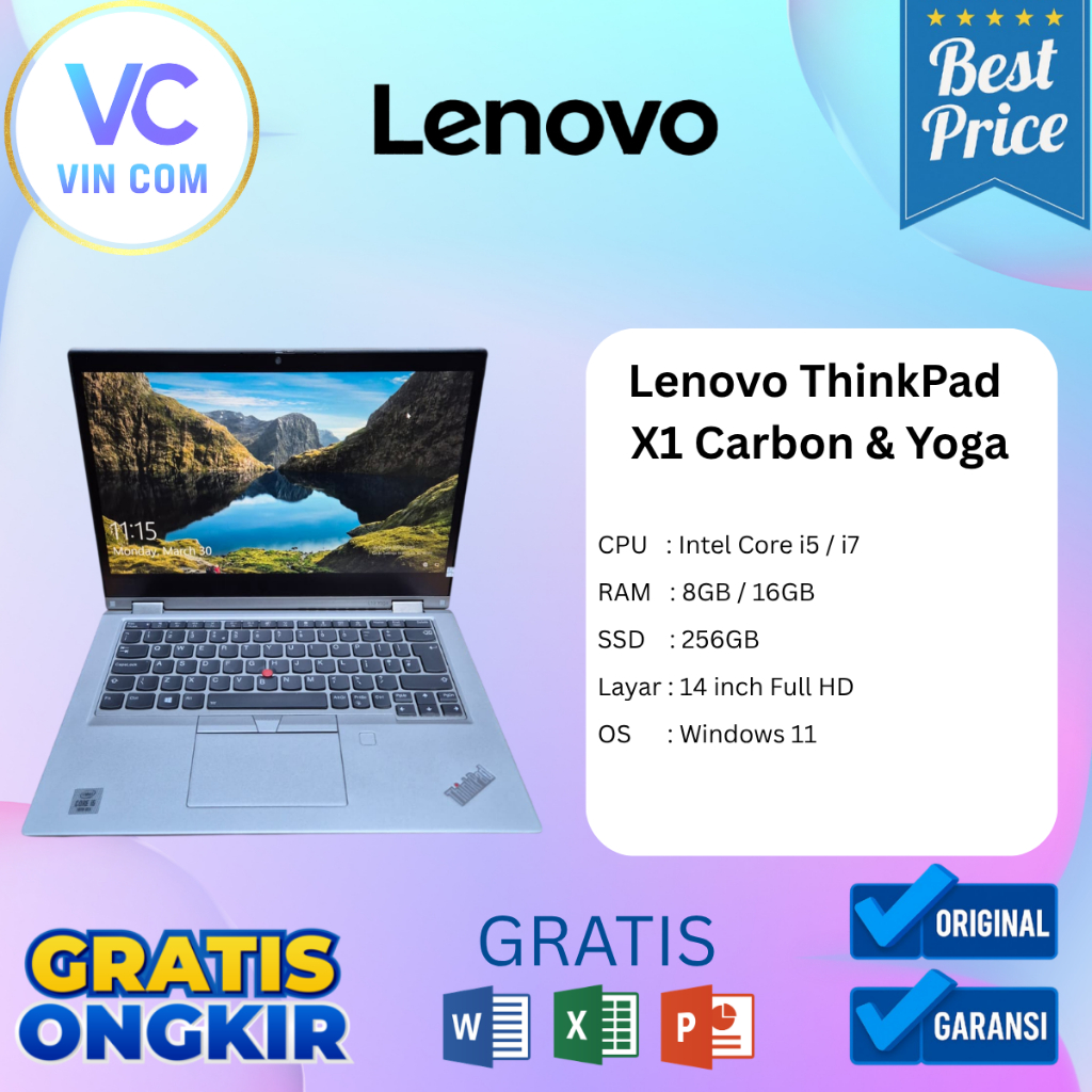 Laptop Premium Bekas Lenovo ThinkPad X1 Carbon Yoga 2-in-1 Touchscreen Core i5 i7 RAM 16GB SSD Slim 