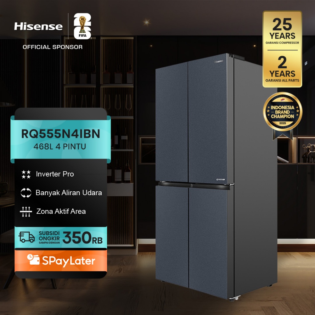 Hisense Kulkas RQ555N4IBN Refrigerator 4 Pintu Kapasitas 468L Warna Hitam Inverter Pro 360 Derajat M