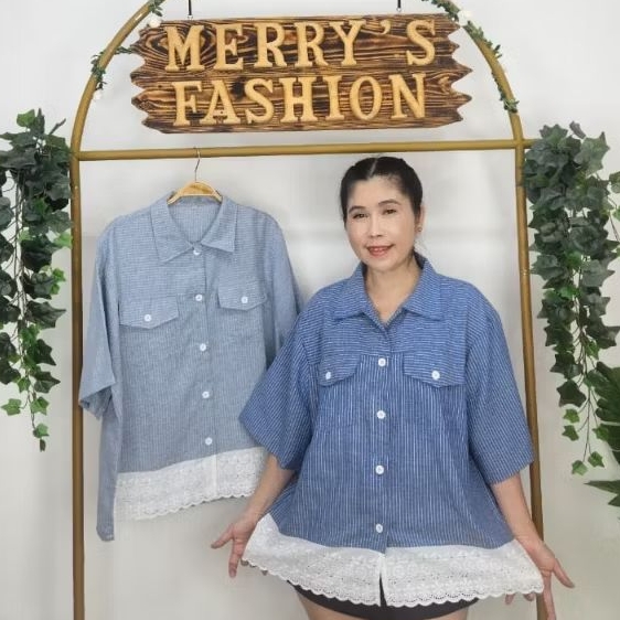Atasan Kemeja wanita renda putih bunga import