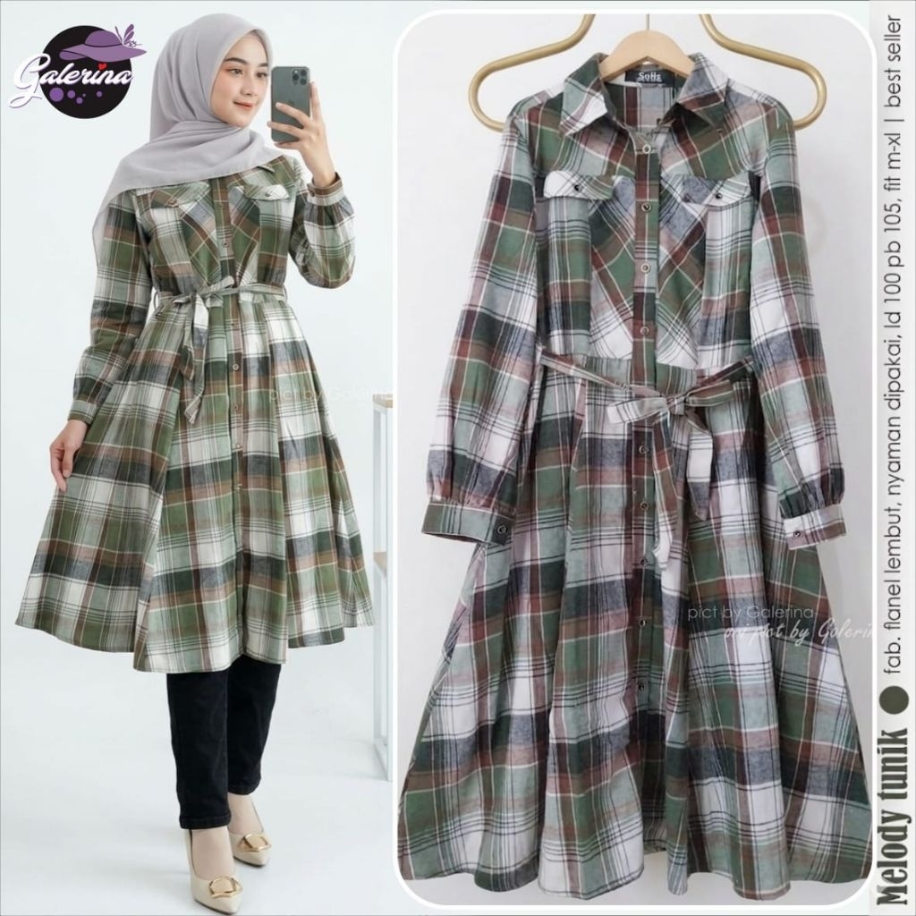 Long Tunic Flanel Atasan Tunik Cantik Atasan flanel wanita jumbo Dress tunik Kekinan Melody