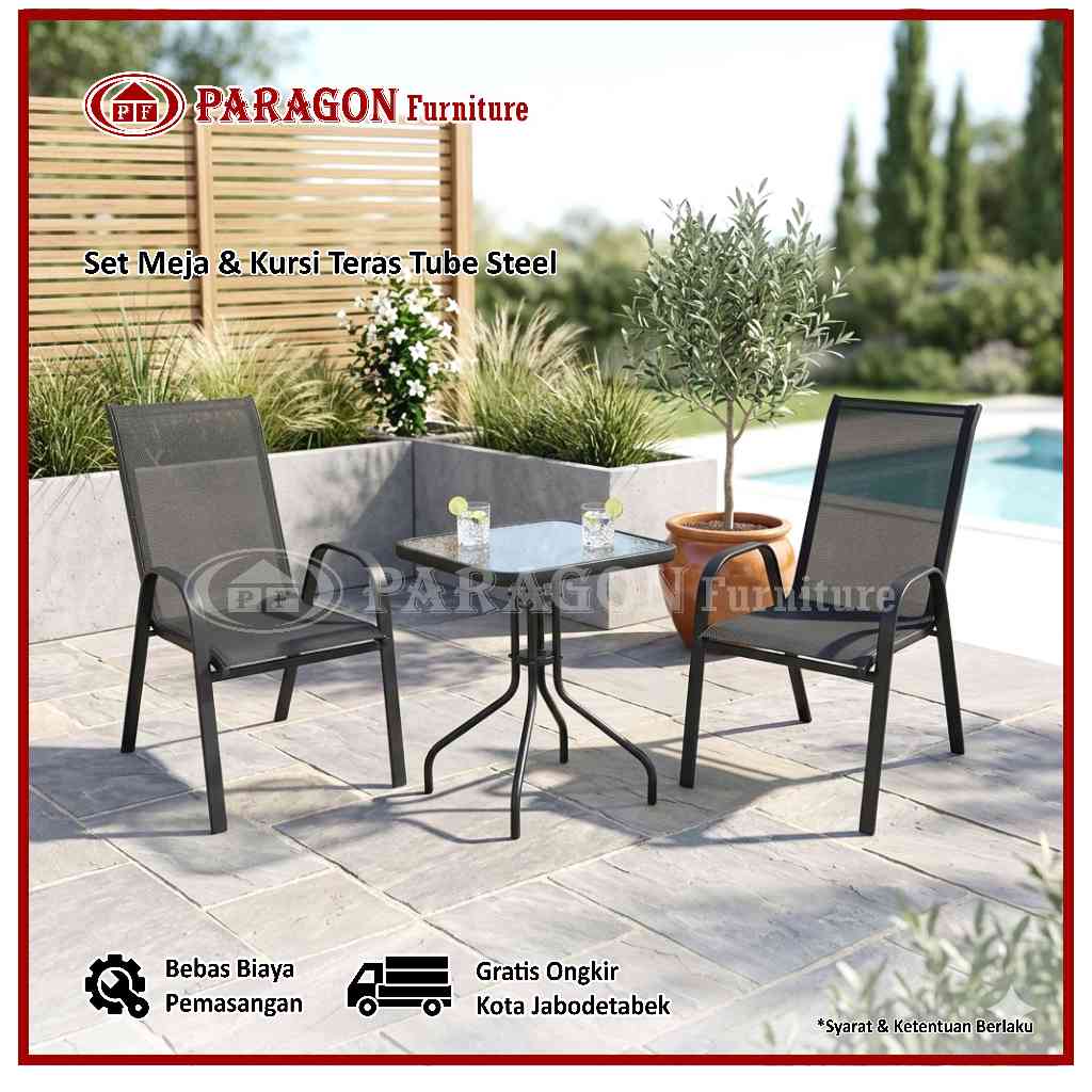 Set Kursi Meja Teras / Taman Santai Obelix Hayden Hitam Anti Air, Jamur, & Rayap Bahan Tube Steel, T