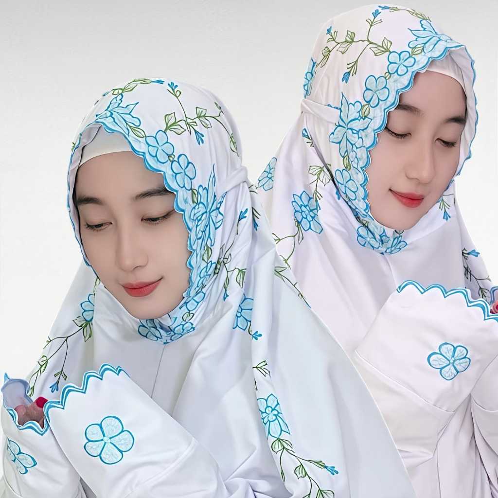 Mukena Terusan Bordir Manual Bunga Juntai dan Anggrek - Katun Mikro Premium Hitam Mewah & Nyaman