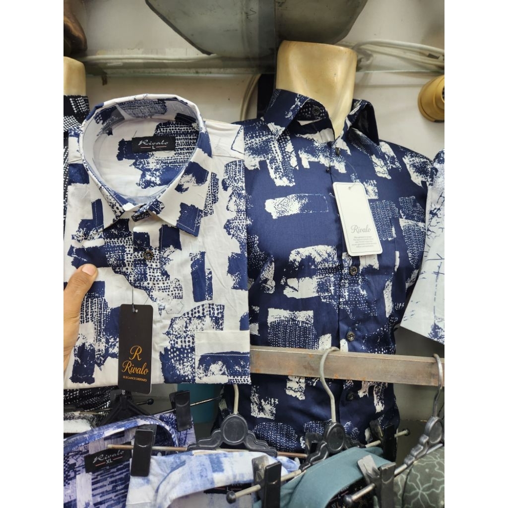 Kemeja Motif Abstrak Dewasa, Katun Motif Abstrak Lengan Pendek