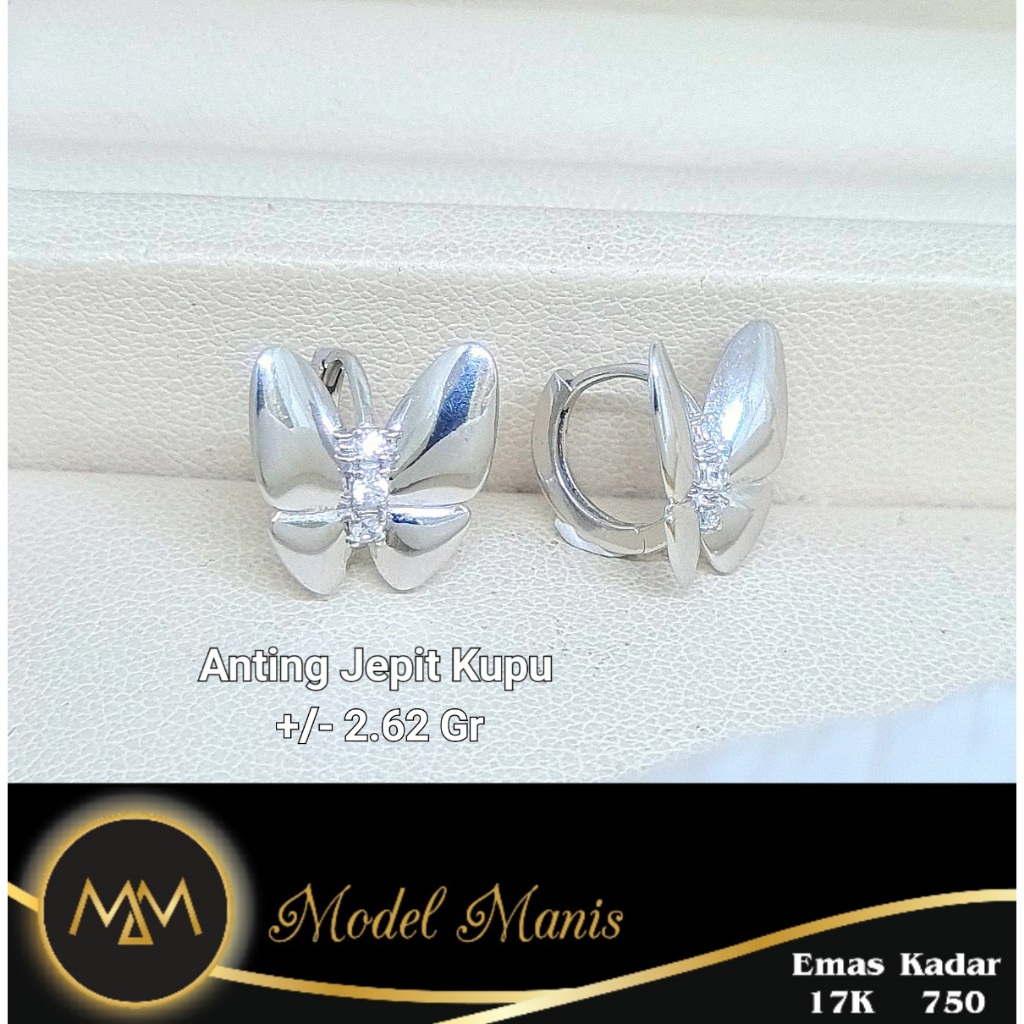 Model Manis Gold - Anting Jepit Butterfly Putih - Emas 17k 750