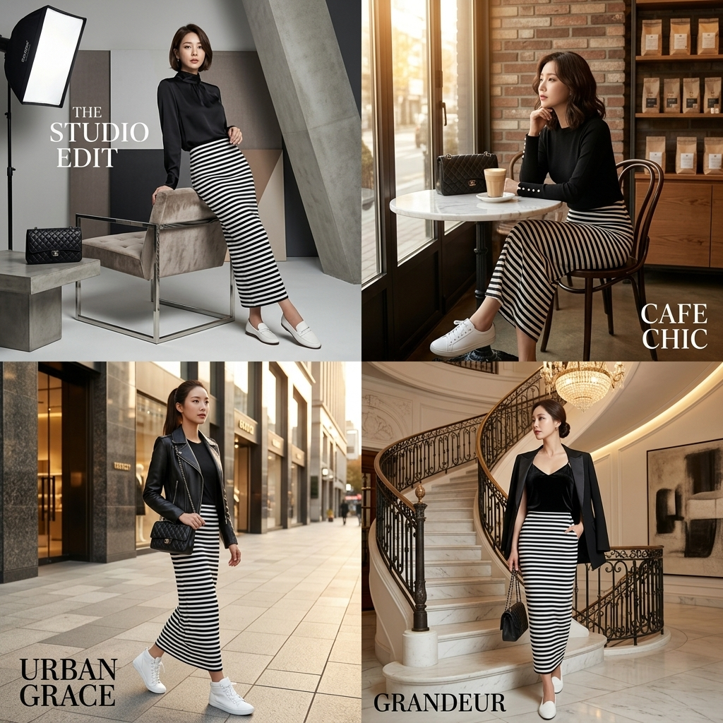 Rok Panjang Hitam Putih Garis Salur Bawahan Korea Import (AF SK 01)