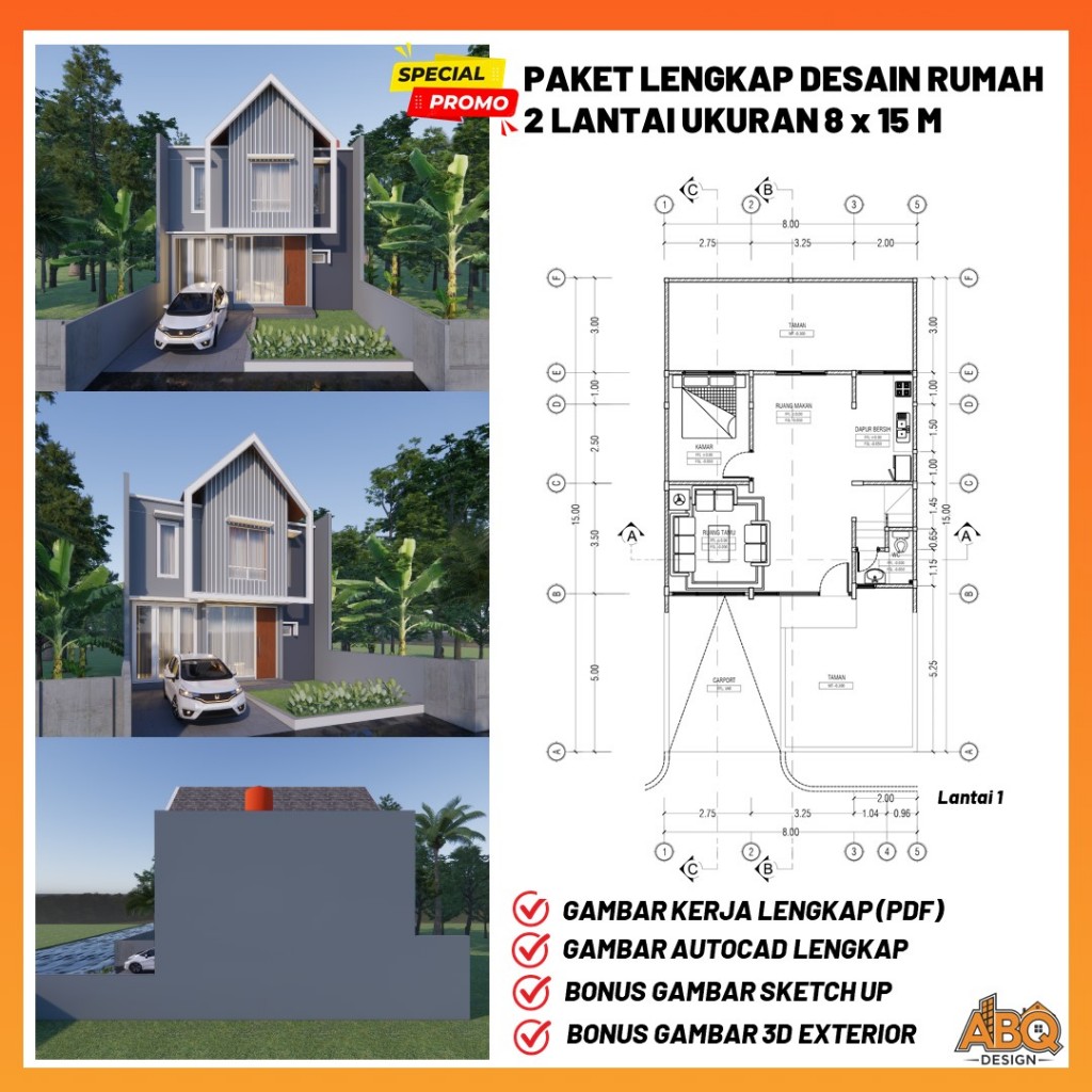 Desain Rumah Minimalis 2 Lantai Ukuran 8 x 15 Meter Format DWG SKP PDF JPG