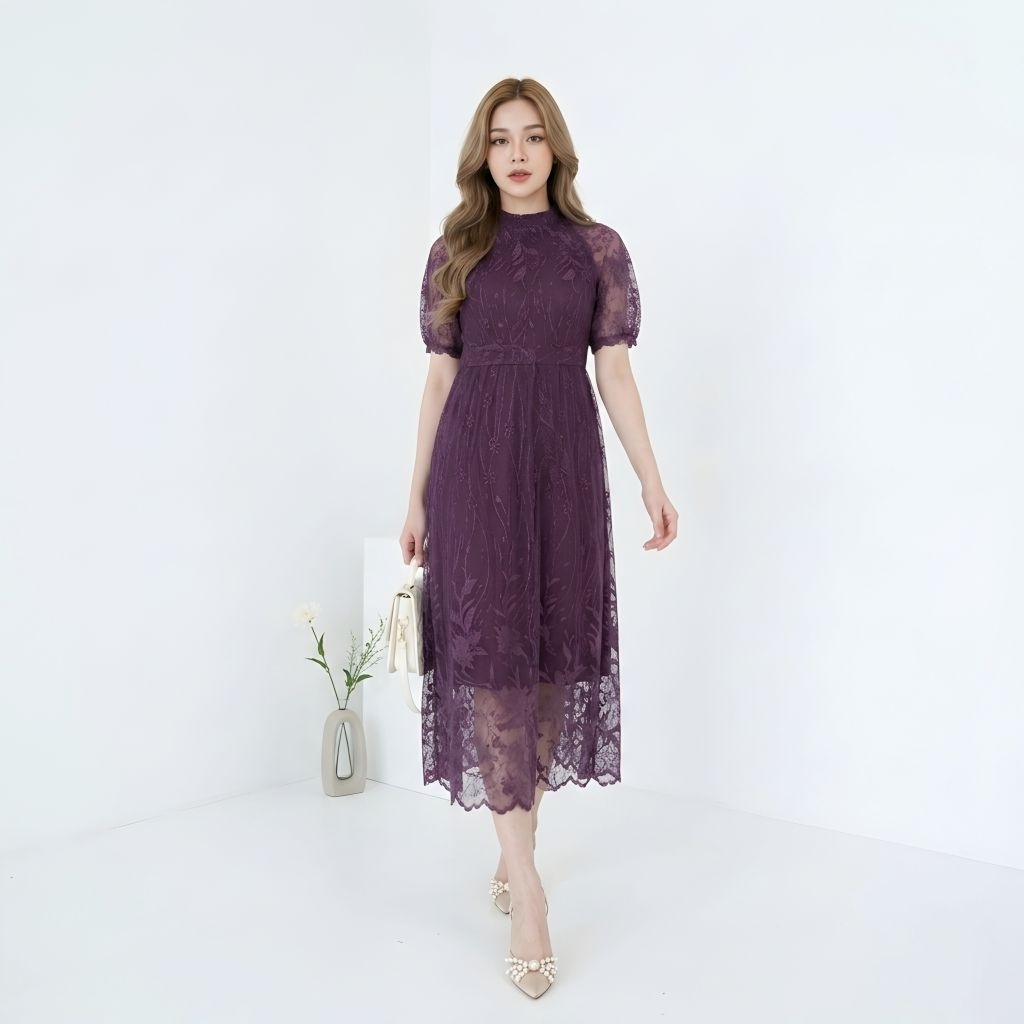 Dress Pesta Kondangan Brokat Tile Elegan Mewah / Midi Dress Annabelle / Gaun pesta model korea / Dre