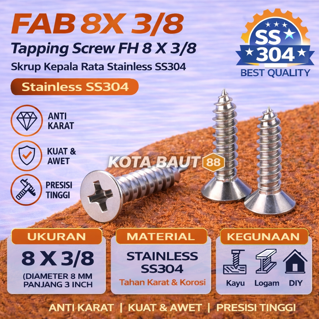 FAB 8X  3/8 Tapping Screw FH 8 X   3/8 Skrup Kepala Rata Stainless SS304