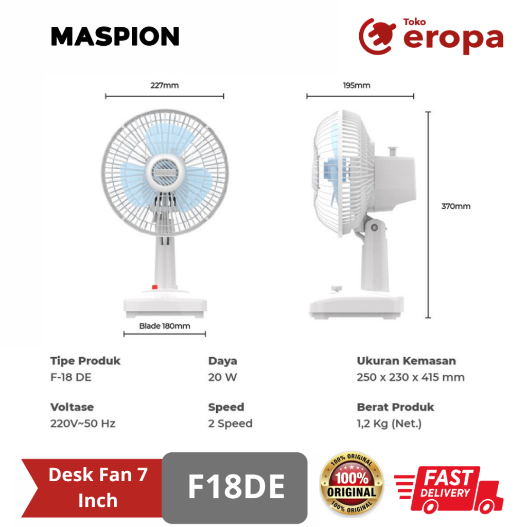Kipas Angin Meja / Mini / Duduk Deskfan 7 Inch MASPION F 18D