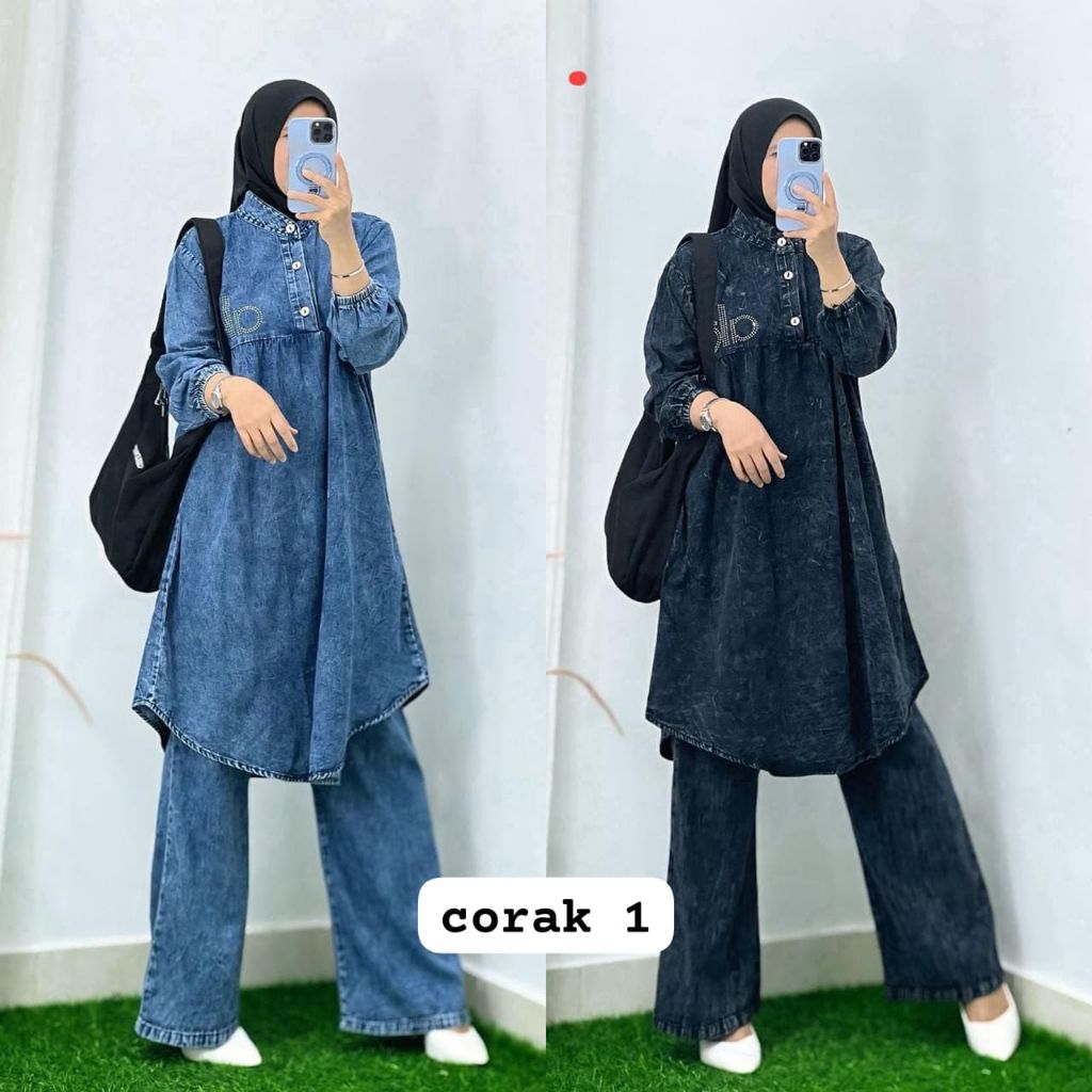 Kamava Setelan Jeans Long Tunik Kombinasi Payet Floroski