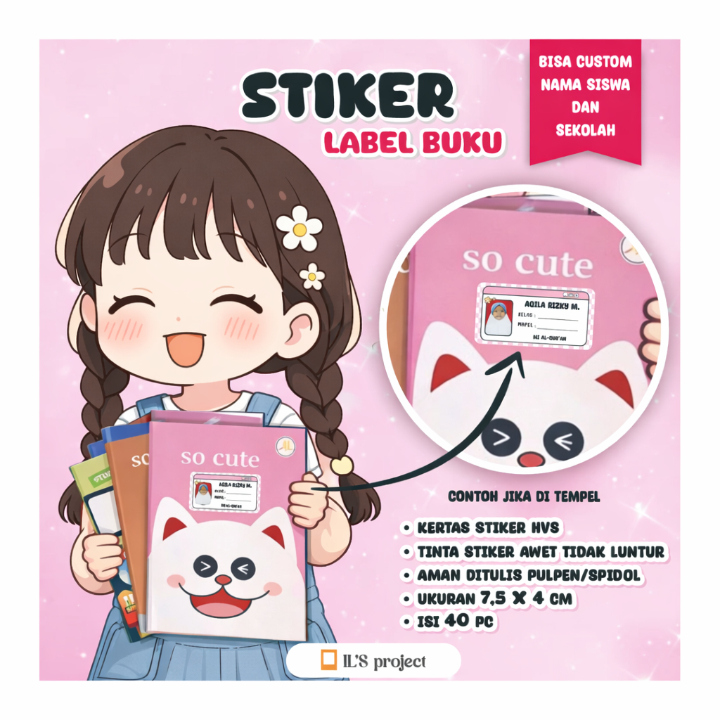 Stiker Label Buku Anak - Isi 40pc  - Nama Custom - Aman Ditulis Dengan Pena / Spidol