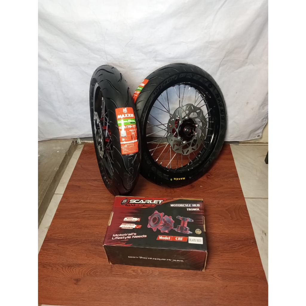 Paket Supermoto CRF Velg 215/250 Ban Maxxis - Tromol Scarlet - Siap Pasang