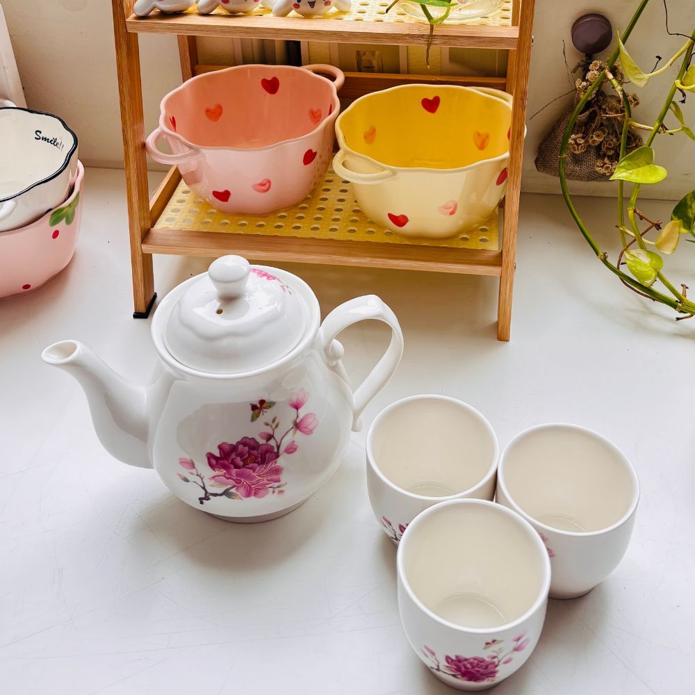 Set Teko Vintage Motif Bunga Pink + 6 Cangkir – Tea Set Keramik Elegan