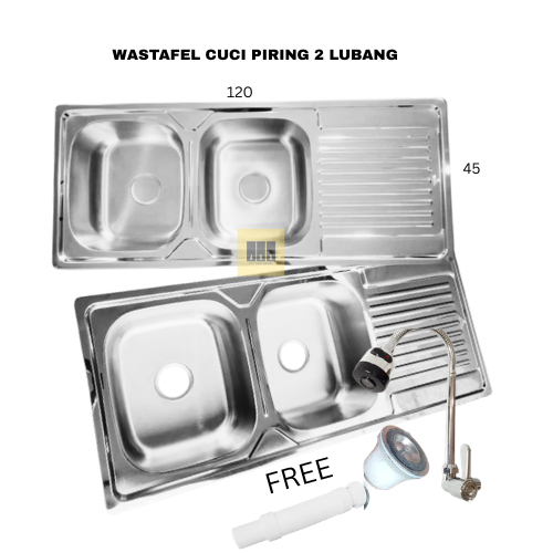 Bak Cuci Piring / Wastafel Dapur 2 Lubang Sayap Stainless 120x45 Cm Free Selang + Afur + Kran Angsa