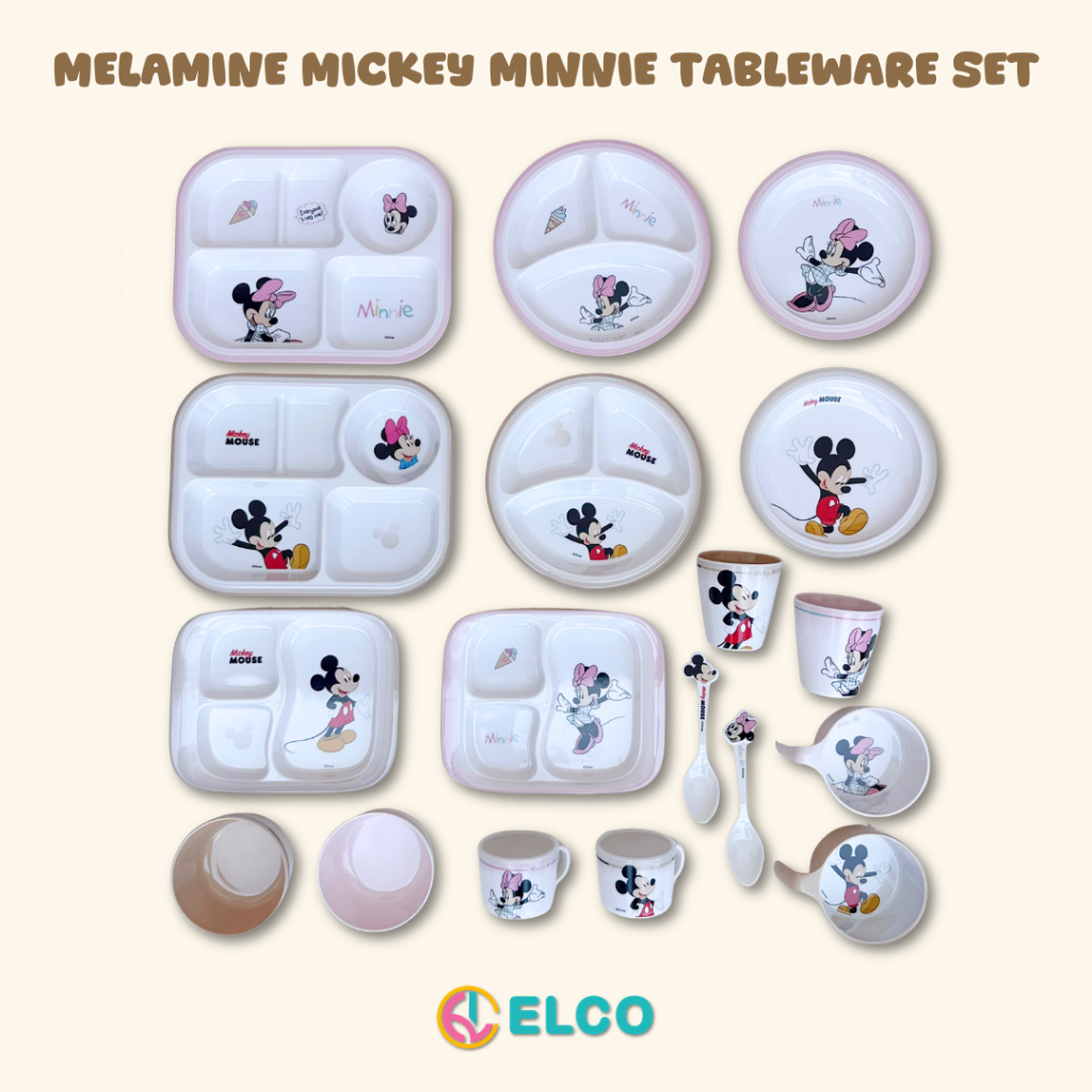 ELCO Premium Melamine Mickey Minnie Mouse plate bowl tableware set | piring mangkok sendok gelas ana