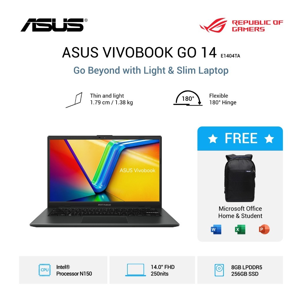 Asus Vivobook GO 14 E1404TA Intel N150 Ram 8GB Storage 256GB Windows 11 Home + Office 14.0FHD IPS +F