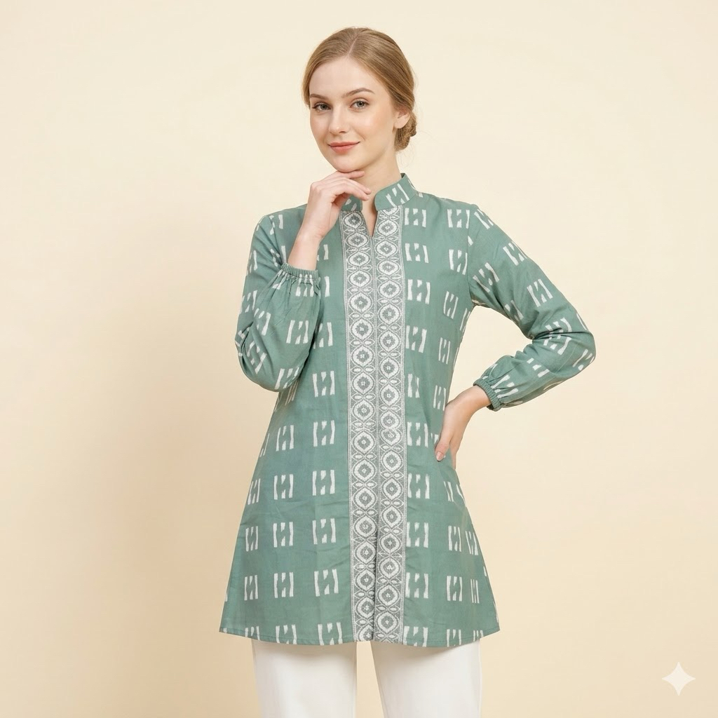 Shanaya Baju batik wanita Tunik Lengan balon Sage green Zipper depan dress kantor kerja kuliah