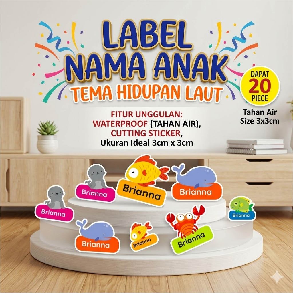 Sticker Nama Anak ikan lucu sealife kepiting lucu Stiker nama imut stiker buku pelajaran