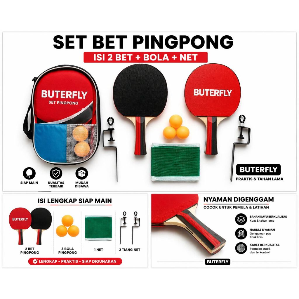 BAD PINGPONG SET ISI 2 - BET PINGPONG MURAH TAS BIRU BUTERFLY ( TAS + NET + BET + BOLA)