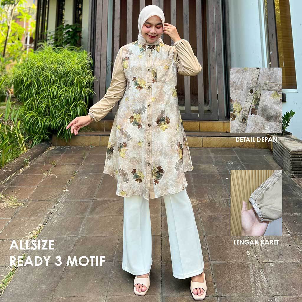 LYORA | Tunik Wanita Motif Daun Elegan Kancing Depan Full Allsize LD 110 Panjang 95 Baju Muslimah