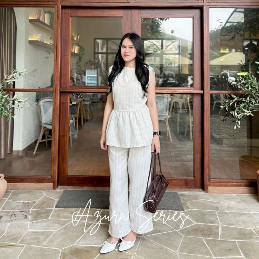 Azura vest inner outer balon Kemeja And Azura Stripe Pants Linen Cotton Stripe Wanita Kerja