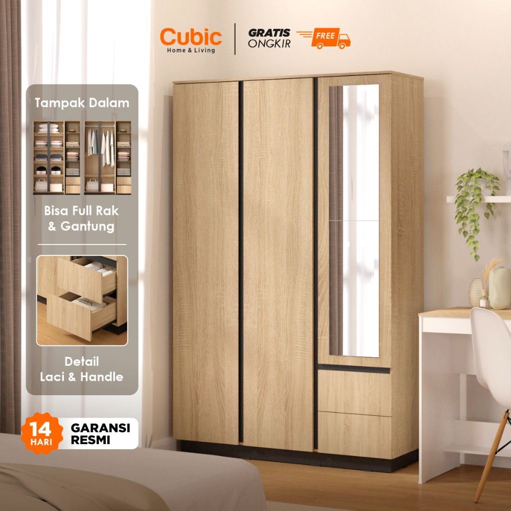 Cubic Lemari Pakaian Cemin Minimalis 3 Pintu - LUNA TIVO LP 3P
