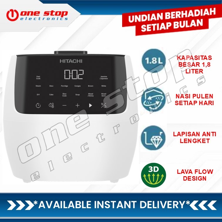 HITACHI RZ-R18XN W Rice Cooker / Penanak Nasi Digital 1.8L - LED Touch Control - Lava Flow Design - 