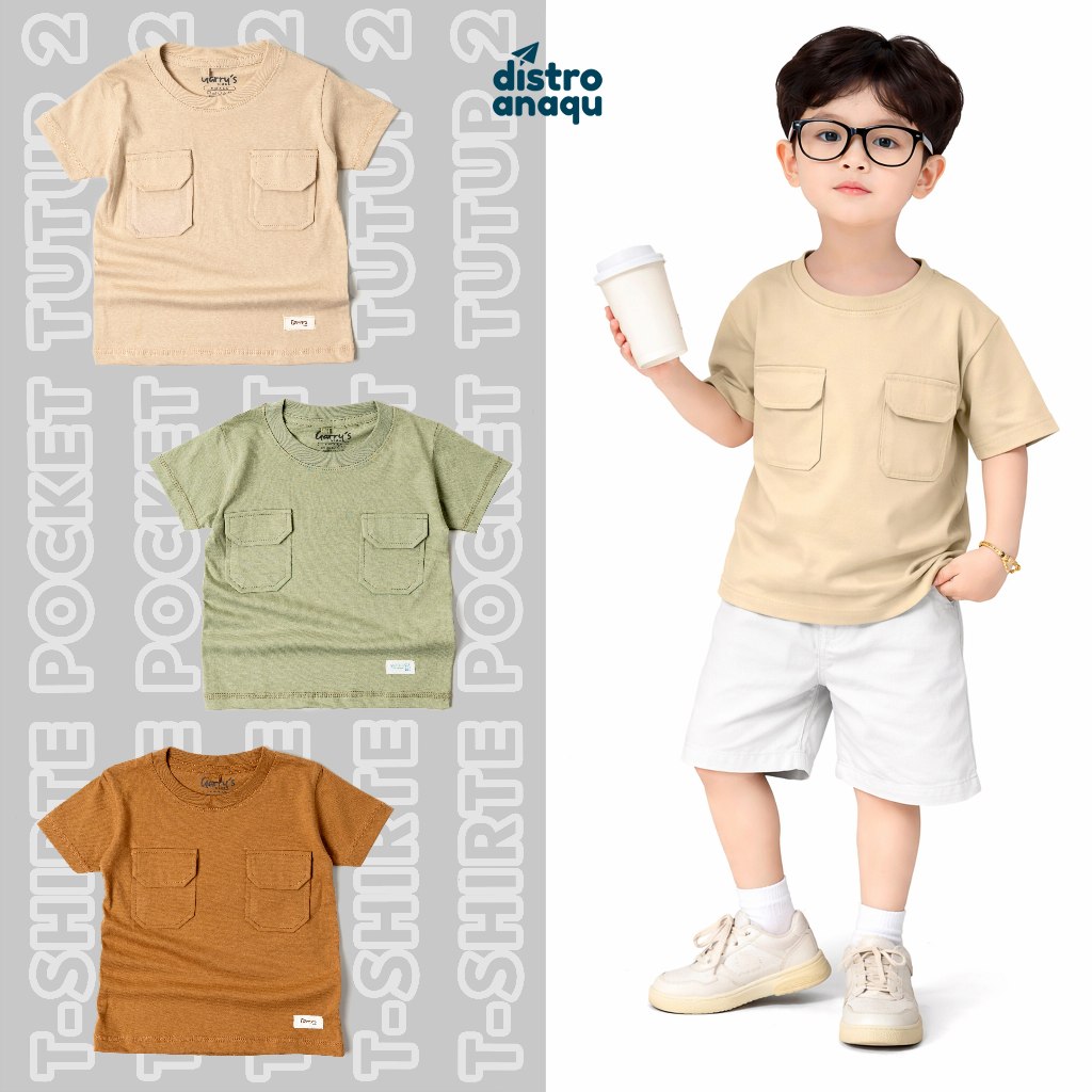 Kaos Anak Cowok Polos 2 Saku Depan | Baju Anak Casual Kekinian Adem usia 1-12 tahun cotton 30s