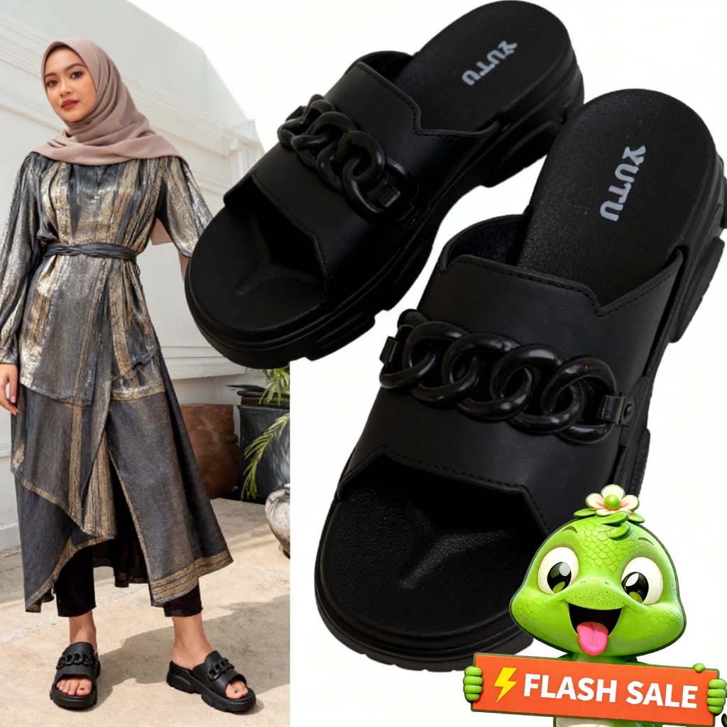YUTU ORIGINAL - Sendal Selop Jelly  Karet Import Kekinian Sandal Wanita Terbaru Platform Kulit