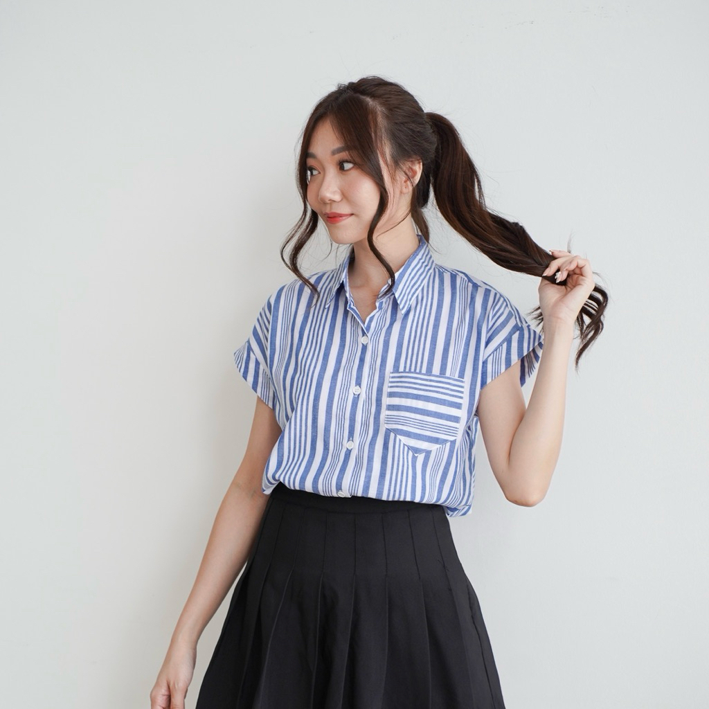 blouse / blus / atasan wanita bahan katun salur f6392