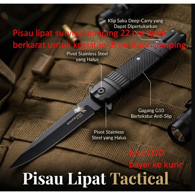 Pisau lipat survival panjang 22 cm tidak berkarat untuk kegiatan di outdoor camping