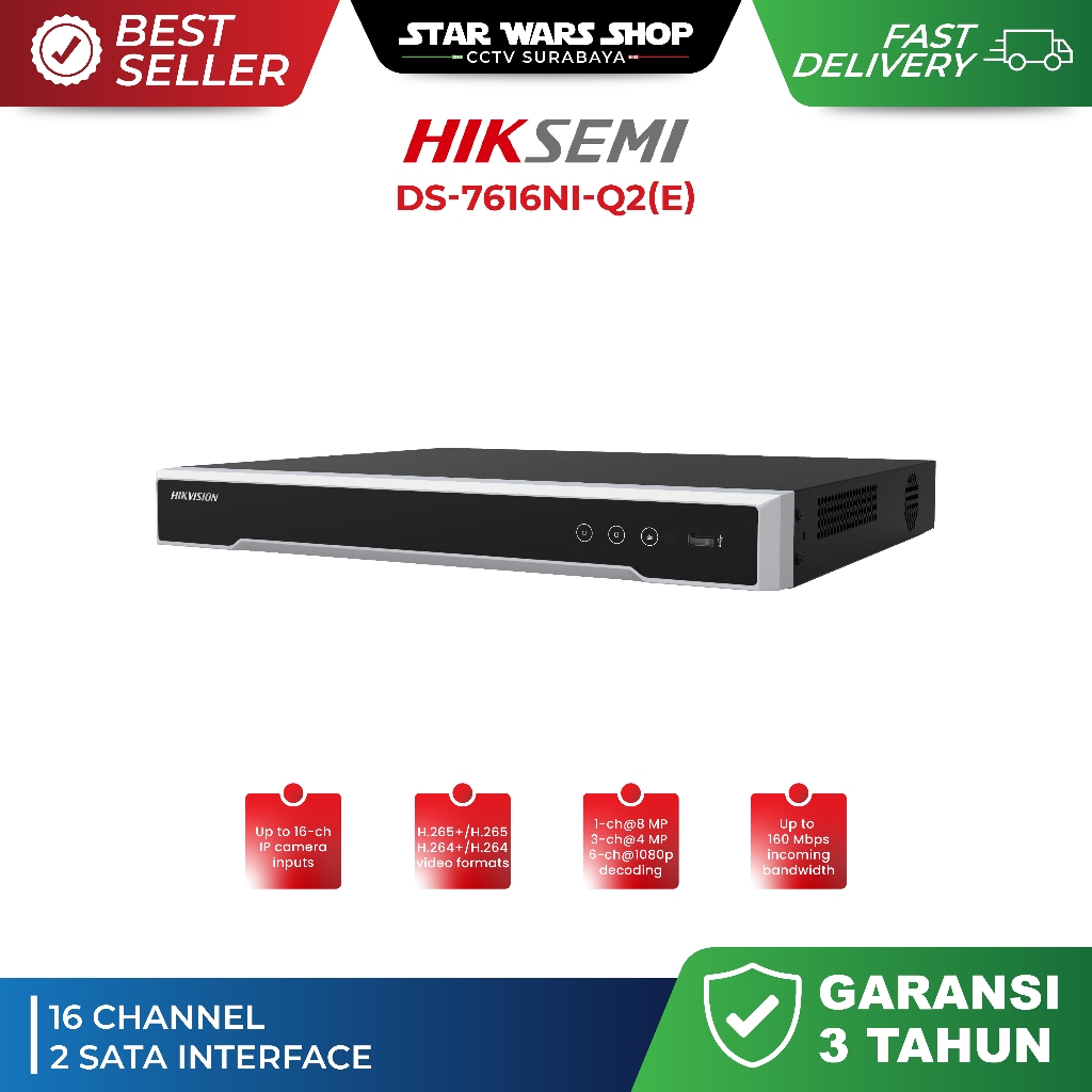 NVR 16 Channel 2HDD H265+ Hikvision DS-7616NI-Q2(E)