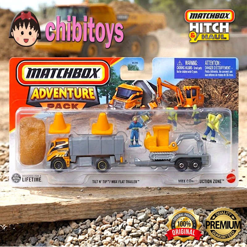 Matchbox Hitch Haul Adventure Pack Tilt N Tip MBX Flat Trailer Diecast Mobil Truck Konstruksi