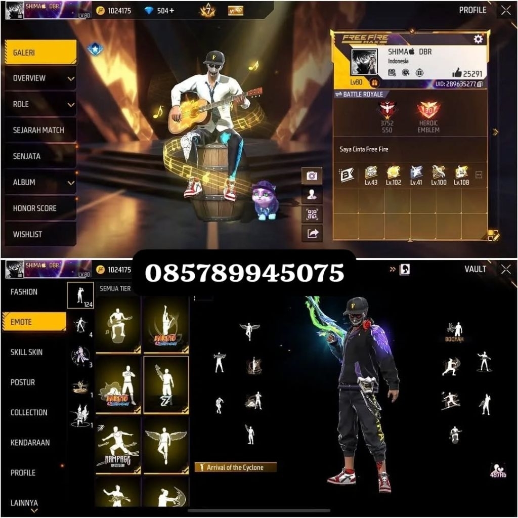 AKUN FF SULTAN-LEVEL TINGGI, SKIN LENGKAP READY AKUN FF MURAH-BAGUS FULL SKIN