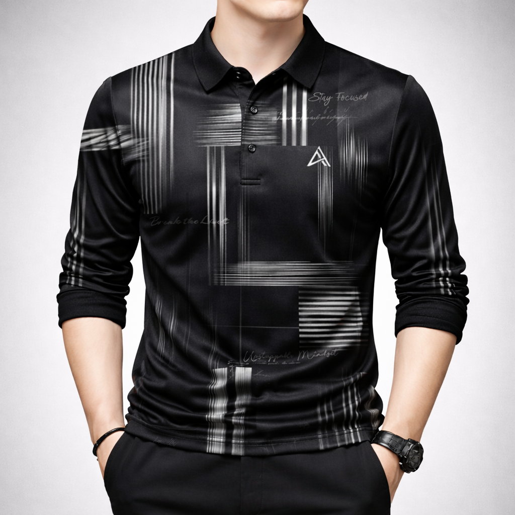 Kaos Kerah Lengan Panjang & Pendek Premium Motif Abstrak Hitam | Kaus Polo Pria bahan lembut adem da