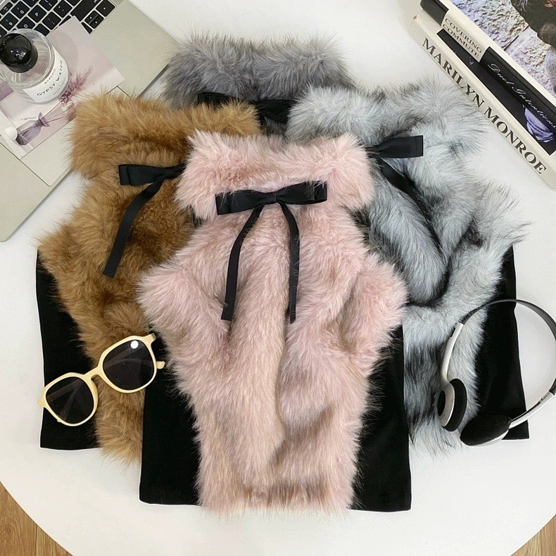 WomanClothing Korean Coquette Fur Halter Top Atasan Bulu Wanita Style Korea Cantik
