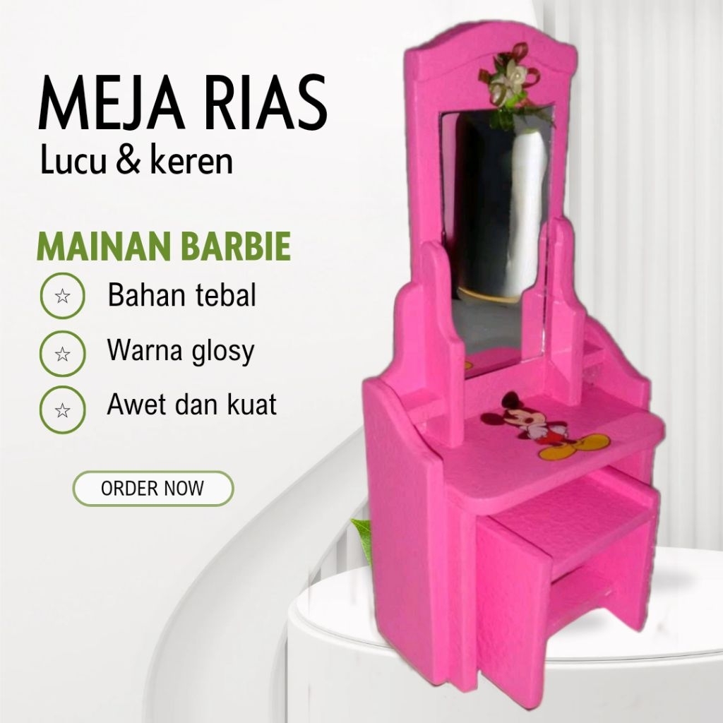 mainan Barbie. meja rias untuk Barbie, pelengkap koleksi mainan Barbie, tempat boneka Barbie berias 