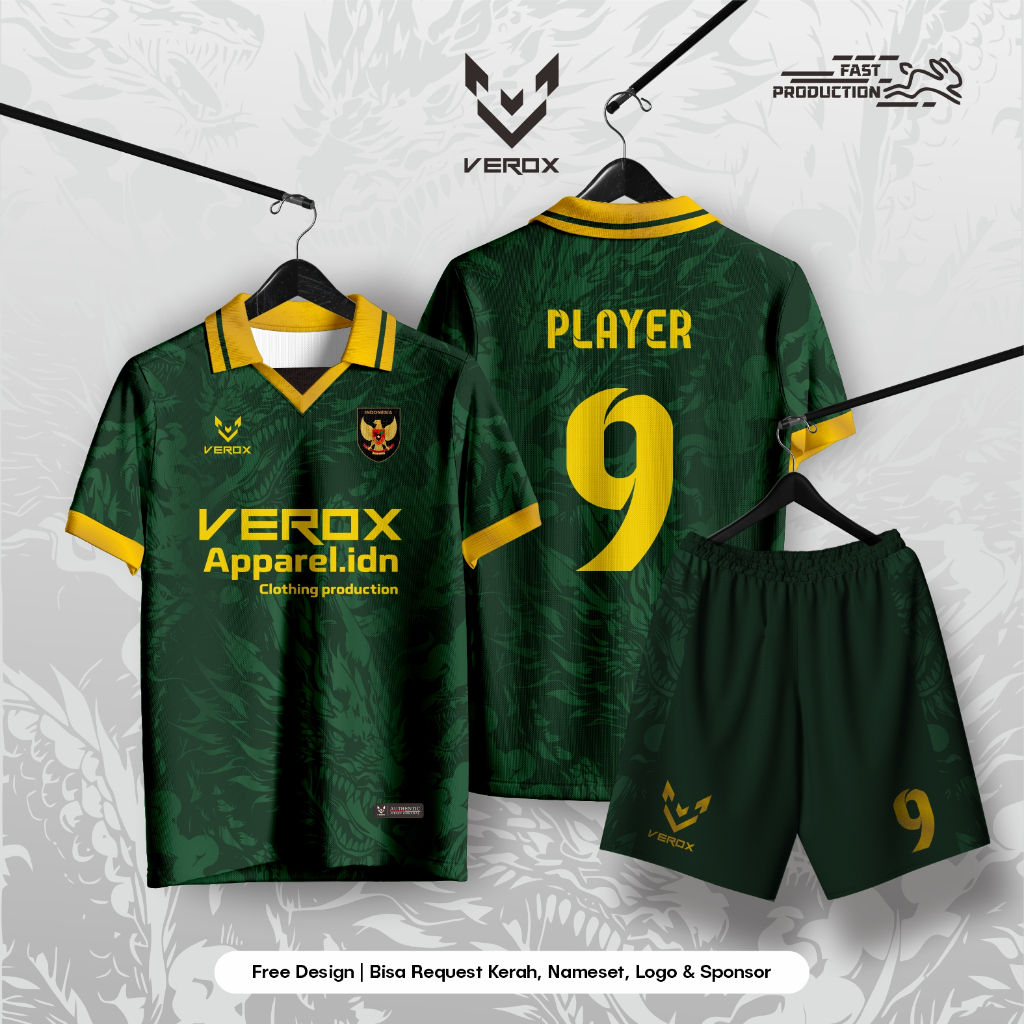 Jersey Bola futsal full Printing Hijau Kuning Kerah Retro ~ Free custom Design 25029